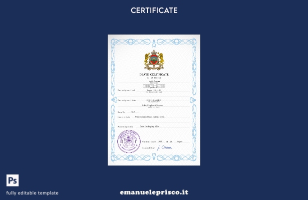 modello PSD del certificato di morte del documento di stato civile del Marocco i